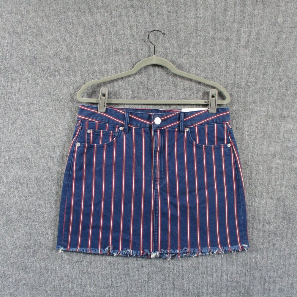 American Eagle Skirt Womens 12 Blue Red Striped Denim Jean Mini Stretch Raw Edge